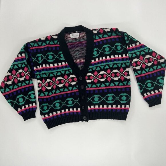 Cardigan Sweater Colorful Geometric Acrylic V Neck Button Up 80s 90s Size Medium - Picture 2 of 9